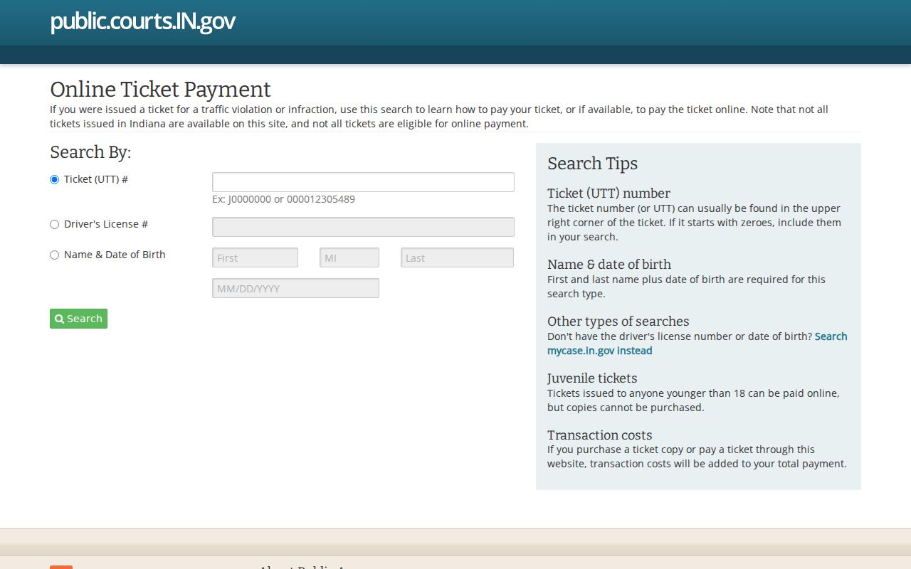 Indiana statewide court payment search screen used for eligible Tippecanoe traffic matters
